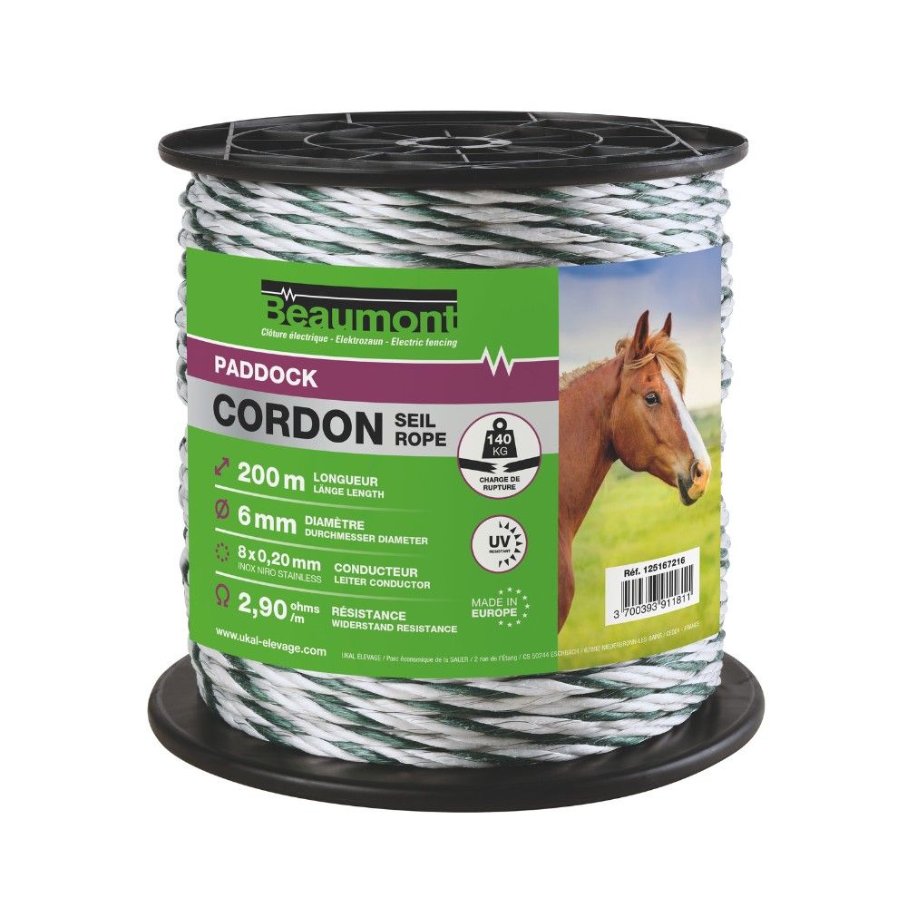 Cordon torsadé blanc et vert diamètre 6 mm 200 m PADDOCK