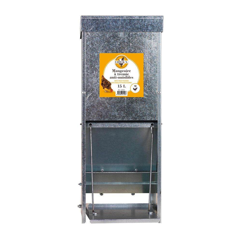 Mangeoire à trémie anti-nuisibles galvanisée 15 L pour 10 poules CHICK'A