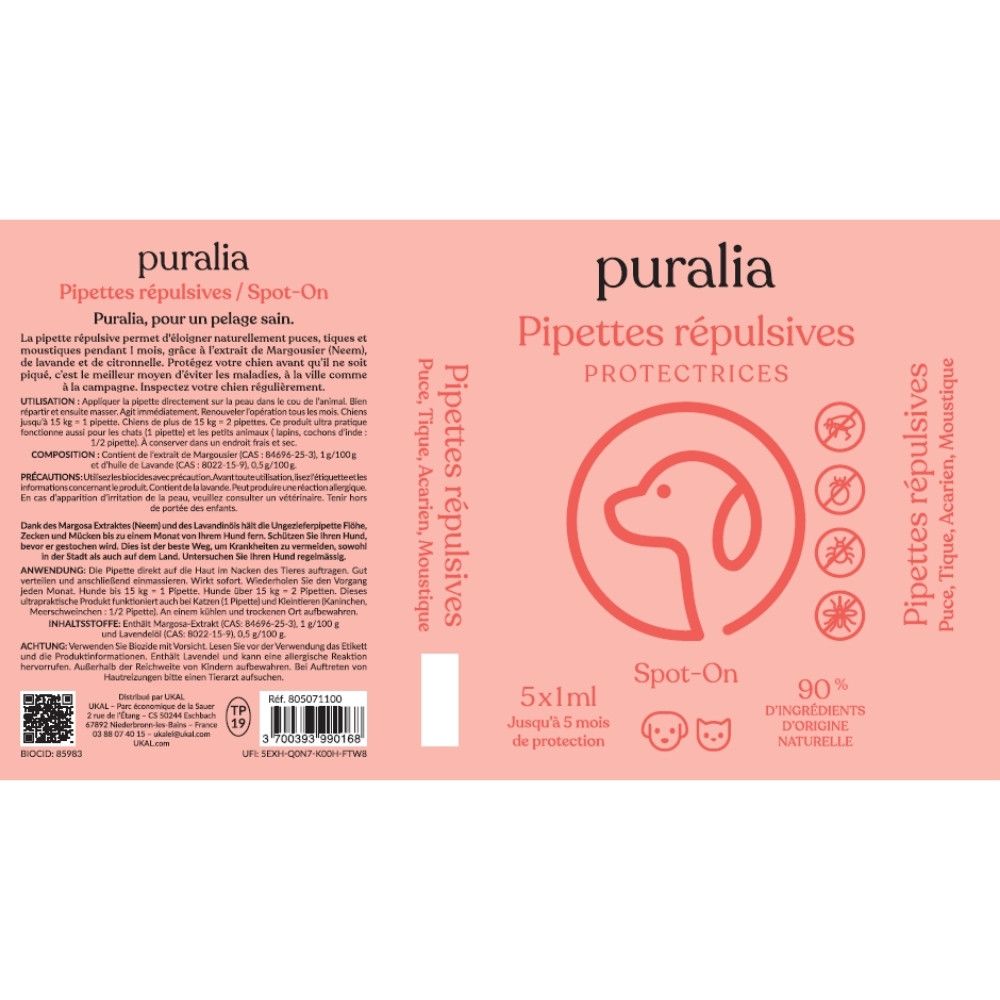 5 pipettes répulsives Spot-on 1 ml PURALIA
